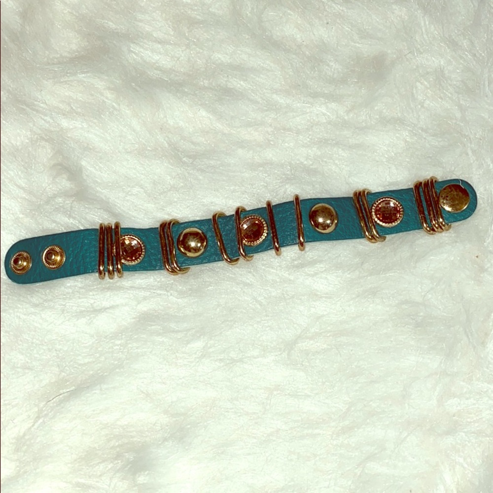 Turquoise faux leather gold rhinestone bracelet